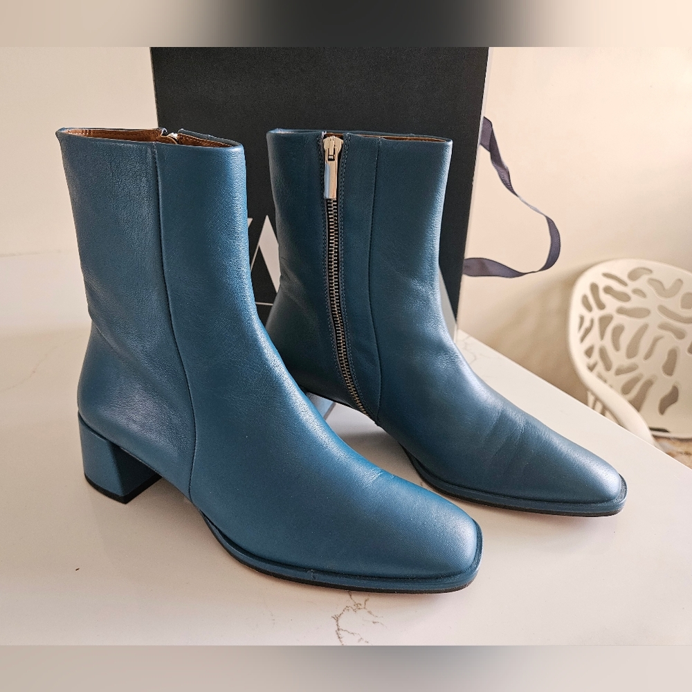 Zara LEATHER MID-HEEL ANKLE BOOTS US 7.5 EUR 38 BLUE - Picture 3 of 11